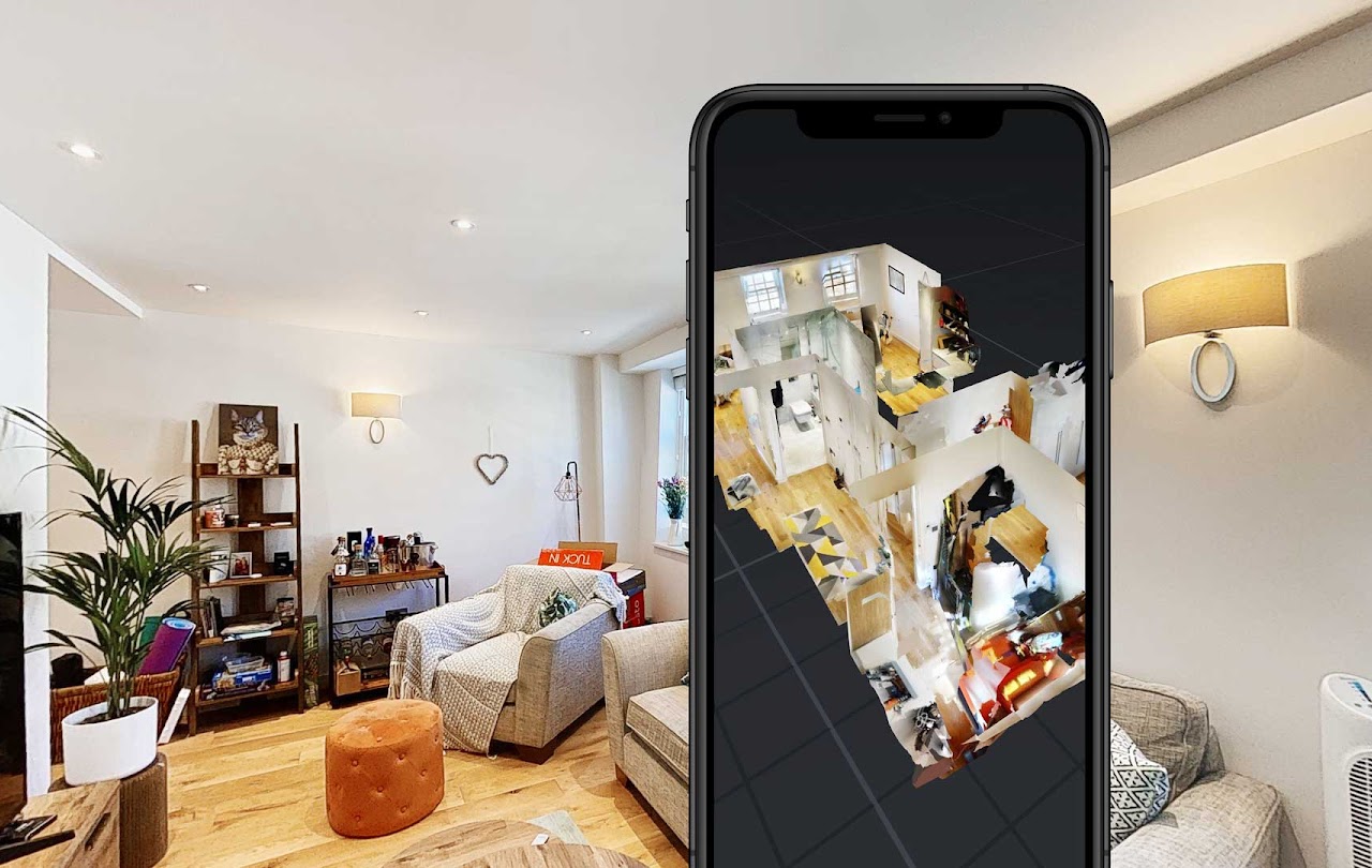 A smartphone showing a dollhouse view of a Matterport Space, with a bright and airy apartment in the background.