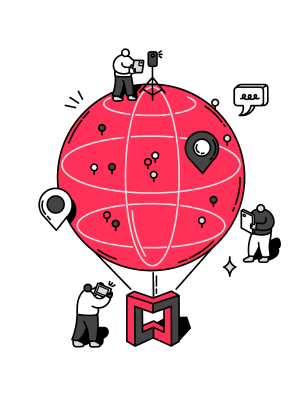 Illustration of a red hot air balloon with a Matterport logo as the basket
