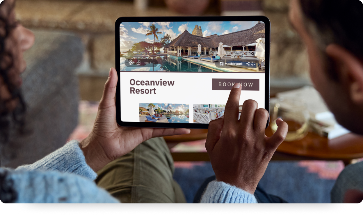 An iPad showing a listing for an oceanview resort