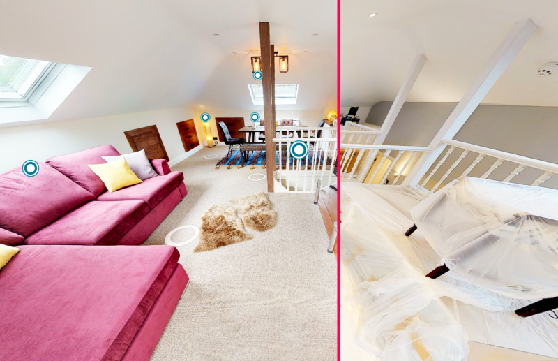 Split screen showing a space before and after renovations